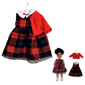 Plaid black and red dress & red cardigan outfit